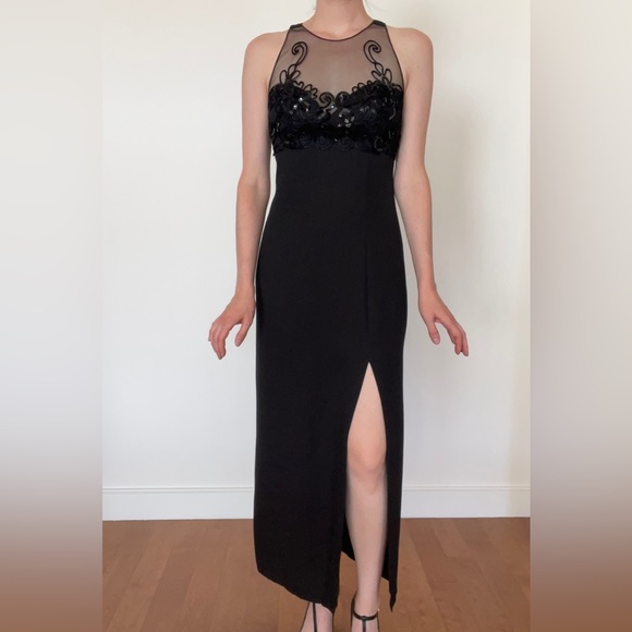 Faviana NY black evening dress / maxi / mesh with sequins - Picture 6 of 12